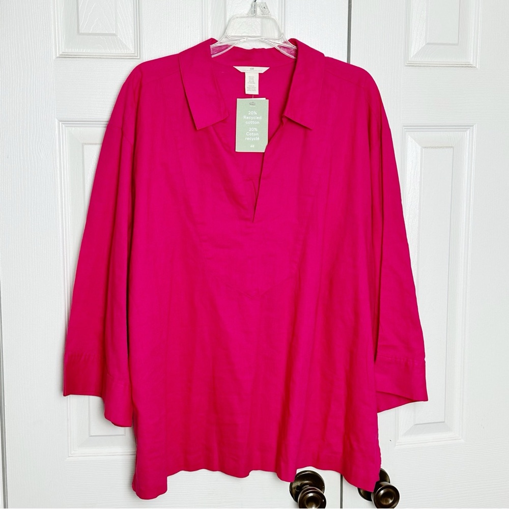 H&M Linen Blend Hot Pink Popover Lagenlook Top 3/4 Sleeves Sz XXL